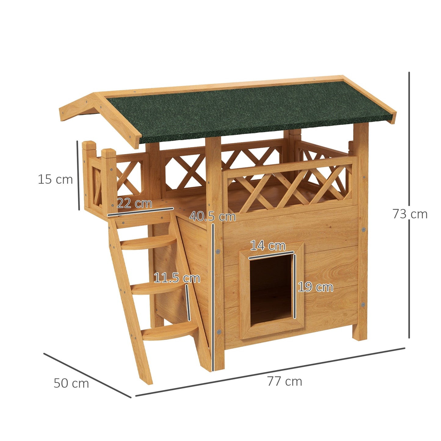 PawHut Cat House Outdoor w/ Balcony Stairs Roof, 77 x 50 x 73 cm, Natural Wood Finish