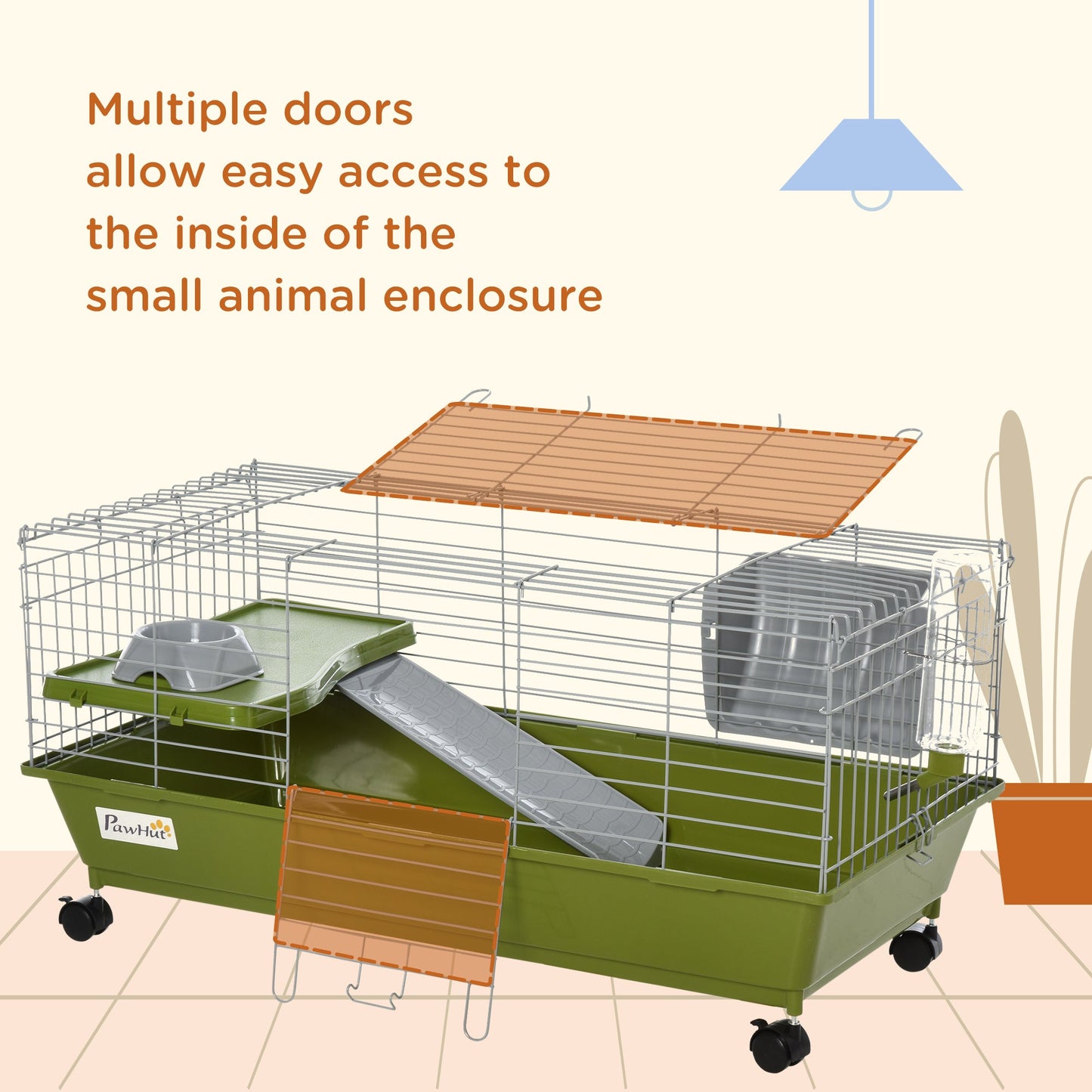 PawHut Small Animal Cage Rabbit Guinea Pigs Chinchillas Cage w/ Wheels Water Bottle Food Dish Platform Ramp 89 x 44 x 43 cm Green