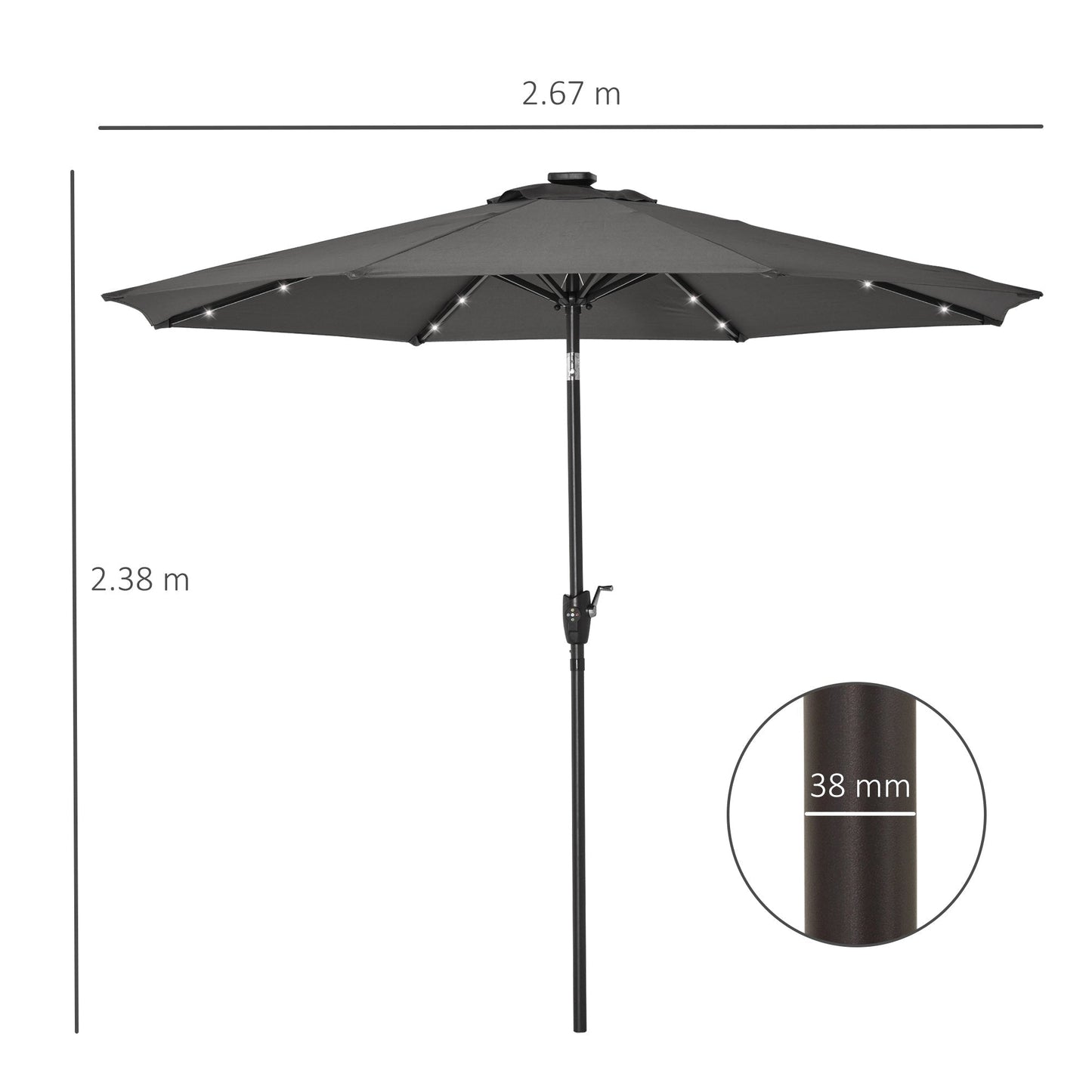 Outsunny â2.7m Garden 24 LED Light Parasol Solar Outdoor Tilt Sun Umbrella Patio Club Party Event Manual Sun Shade w/ Hand Crank and 8 Ribs, Grey