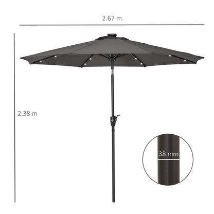 Outsunny â2.7m Garden 24 LED Light Parasol Solar Outdoor Tilt Sun Umbrella Patio Club Party Event Manual Sun Shade w/ Hand Crank and 8 Ribs, Grey