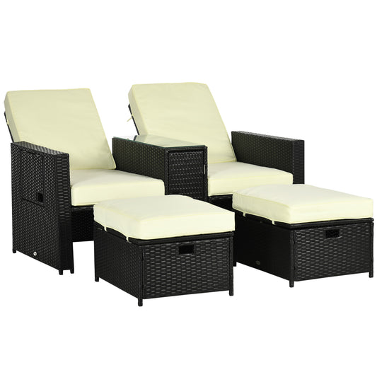 Outsunny 5PC PE Rattan Leżak, Zewnętrzna wiklina 5-poziomowa Regulowana Sofa Rozkładana z Bocznym Stolikiem i Podnóżkami, Na Patio, Do Ogrodu, Przy Basenie, Czarny