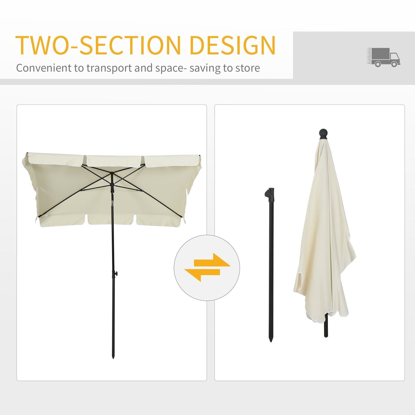 Outsunny 2 x 1.3m Garden Parasol Umbrella, Outdoor Market Table Umbrella with Ruffles & Aluminium Pole, Rectangular Tilting Parasol Sun Shade Canopy, Cream White