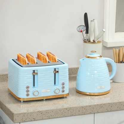 HOMCOM 3000W 1.7L Kettle & 4 Slice Toaster, Kettle and Toaster Set with 7 Browning Controls and Crumb Tray, Light Blue