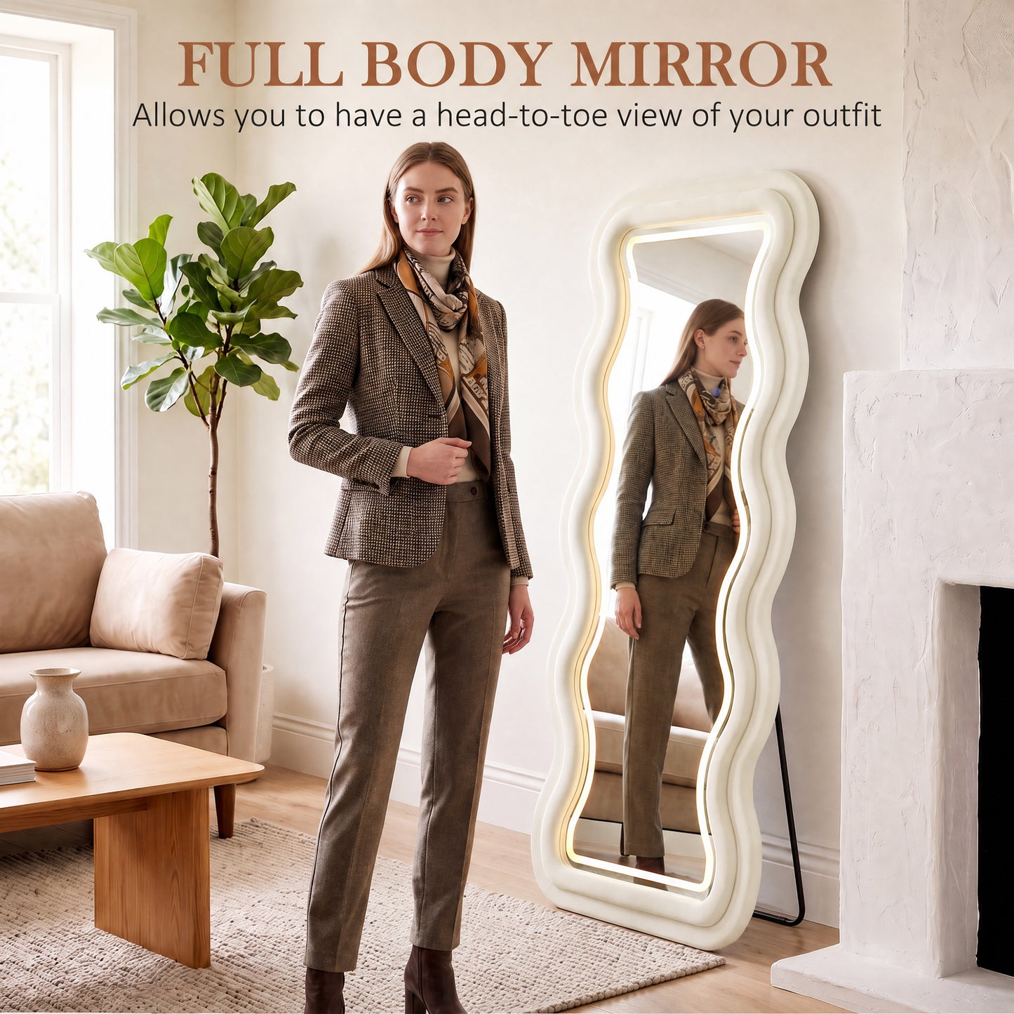 HOMCOM Full Length Mirror, 160 x 60 cm Wavy Full Body Wall Standing Mirror with Velvet Frame and LED Light Strip, Cream White