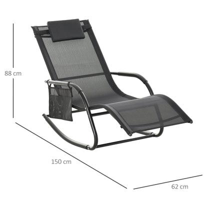 2 Piece Outdoor Garden Rocking Chair Patio Sun Lounger Rocker, Breathable Mesh, Removable Headrest Pillow, Armrest, Side Storage - Black