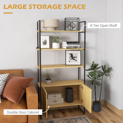 Retro Style Industrial Bookshelf 4-Tier Shelving with Double Door Cabinet and Metal Frame for Living Room, Bedroom, Oak Tone