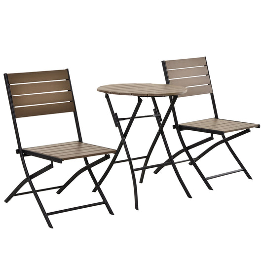 Outsunny 3 Pcs Folding Bistro Dining Set 2 Single Chair 1 Dining Table Metal Frame Plastic Panels Slatted Compact Garden Outdoor Apartment Furniture - Black&Brown