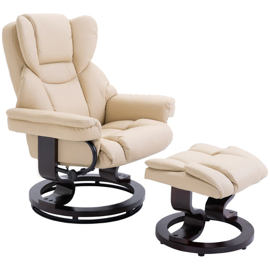 HOMCOM 360 Swivel Recliner Chair with Footstool, PU Leather Manual Recliner Armchair with Footstool, Solid Wood Base, Upholstered Reclining Chair for Living Room, Bedroom, Office, Cream