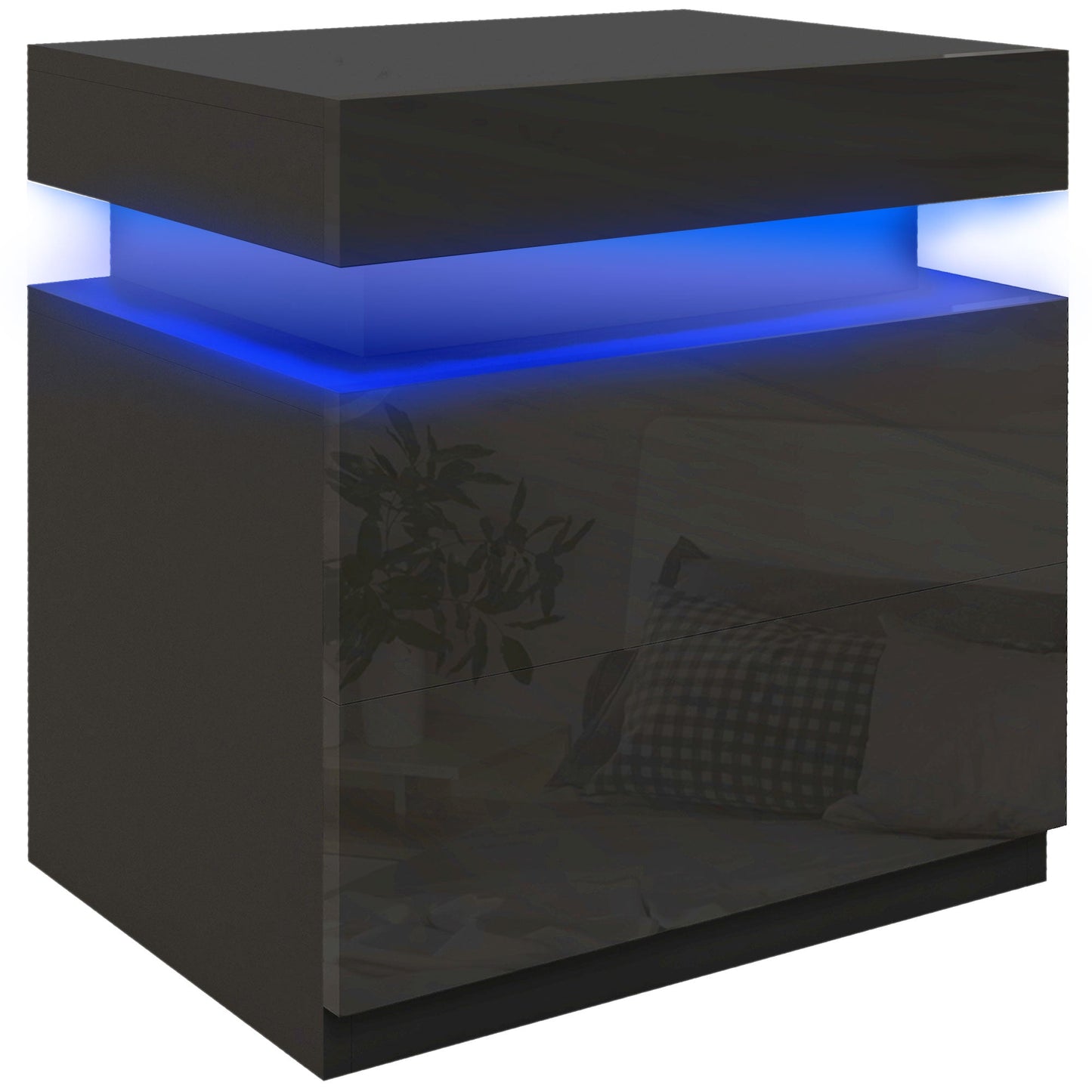 HOMCOM Black Bedside Table with LED Light, High Gloss Front Nightstand with 2 Drawers, for Living Room, Bedroom