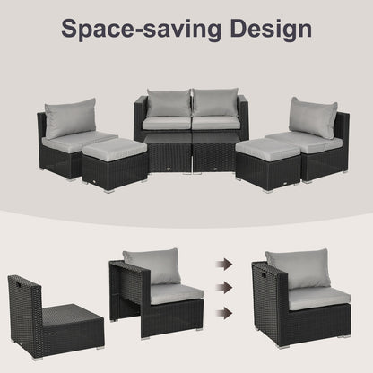 Outsunny 8 Pieces PE Rattan Sofa Set with Cushions, Garden Corner Sofa with 4 Seater Sofa, 2 Footstools and 2 Coffee Table Set, Space-saving Design, No Assembly Required, Black