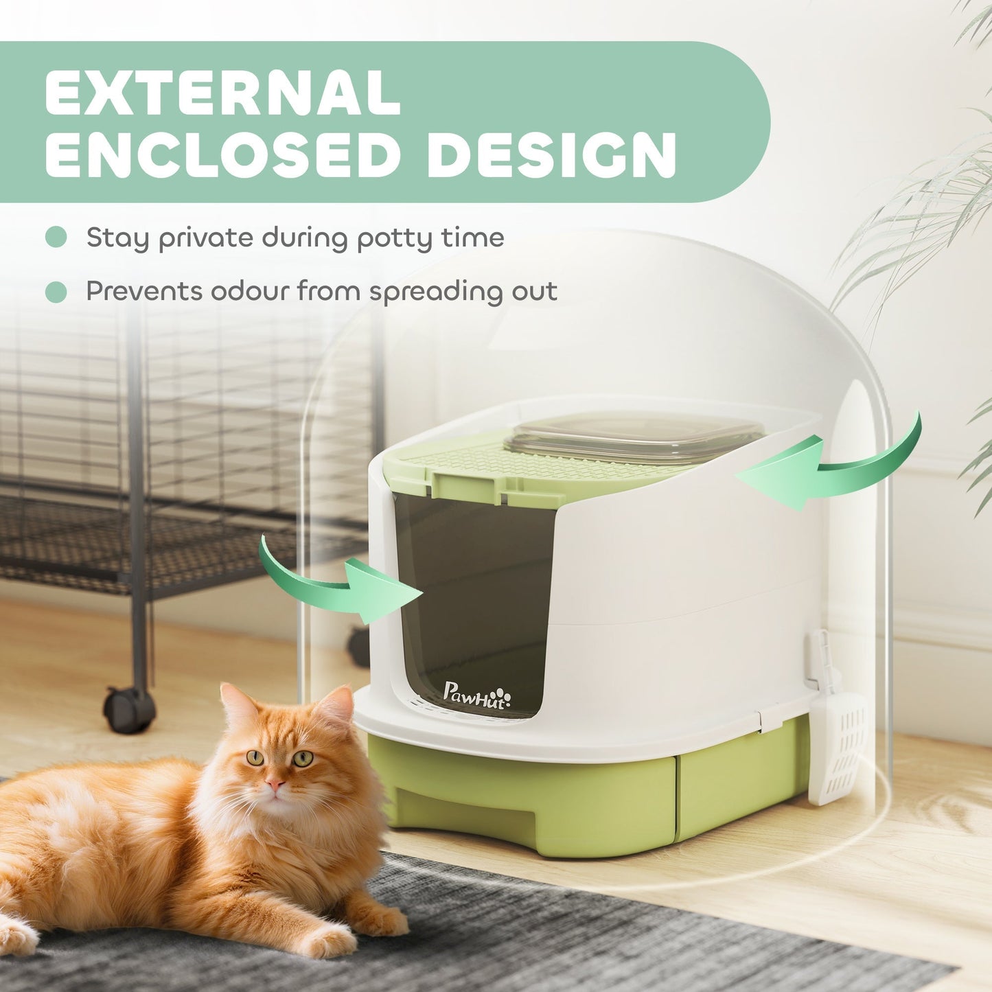 PawHut Cat Litter Box with Lid, Scoop, Deodorisation Bags, Top Entry, Green