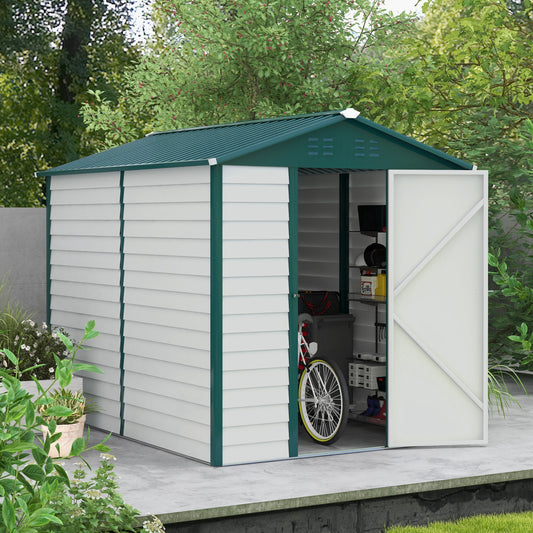 Outsunny 9x 6FT Metalowy zewnętrzny domek ogrodowy, ocynkowany domek narzędziowy ze skośnym dachem, zamykane drzwi na patio i trawnik, zielony