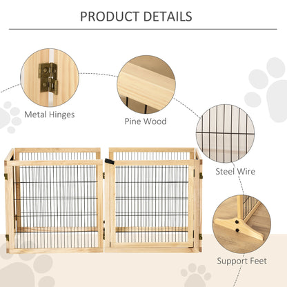 PawHut Wooden Pet Gate, Freestanding Dog Safety Barrier with Two Support Feet - Natural Tone