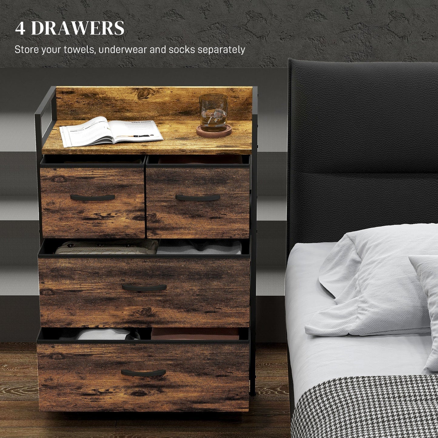 HOMCOM Rustic Chest of Four Fabric Drawers - Rustic Brown