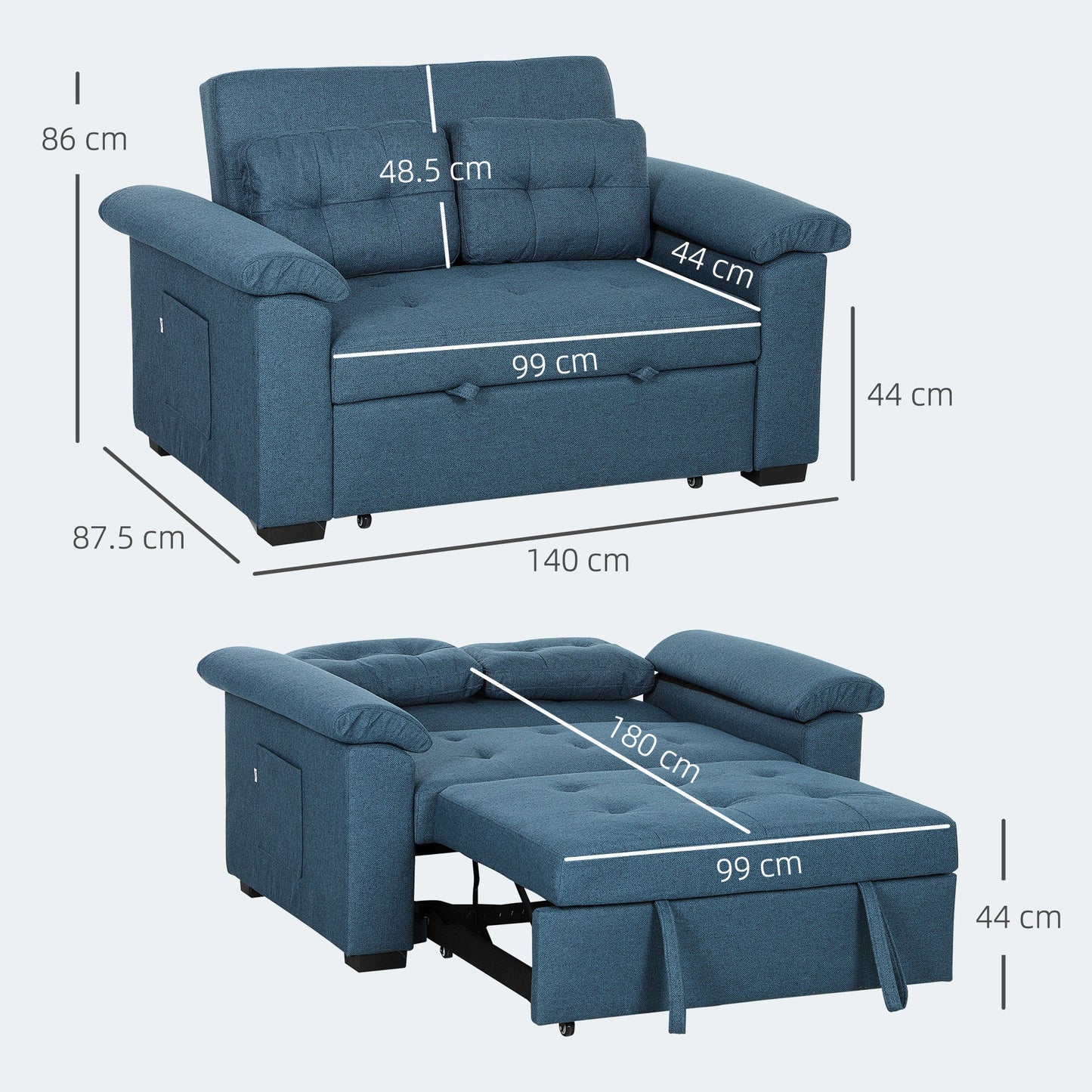 HOMCOM Pull Out Sofa Bed, Fabric 2 Seater Click Clack Sofa Bed Settee with 2 Pocket Springs, Convertible Sofa Couch with Pillows and Side Pockets for Living Room, Home Office, Blue