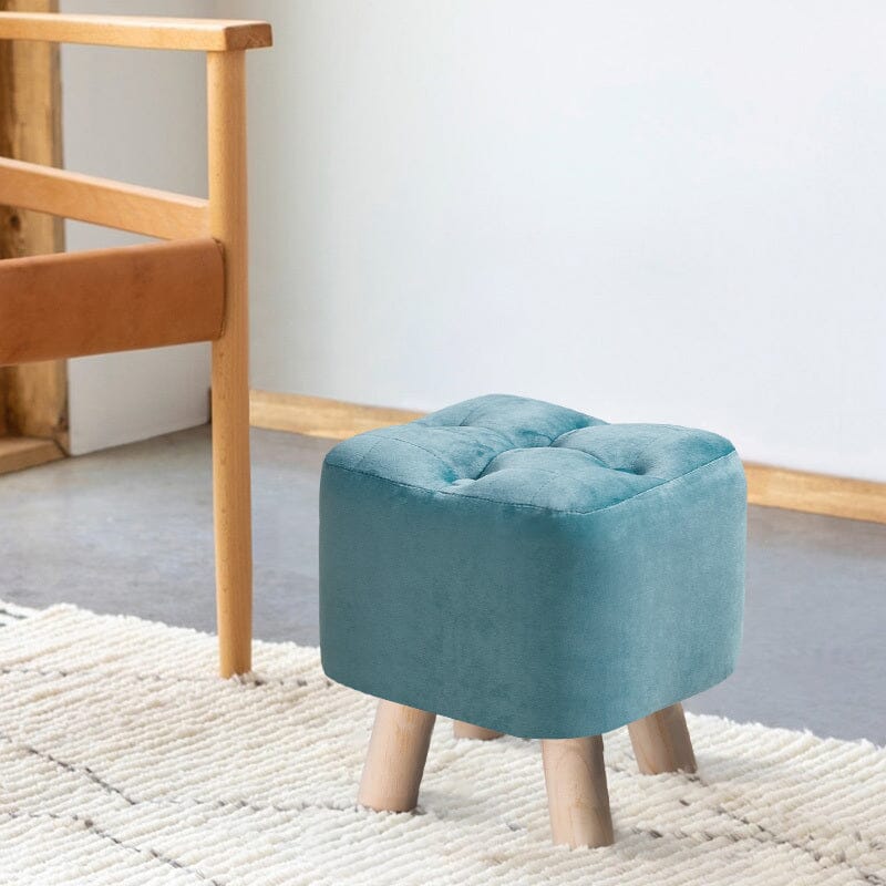 Tufted Velvet Square Footstool with Wooden Legs