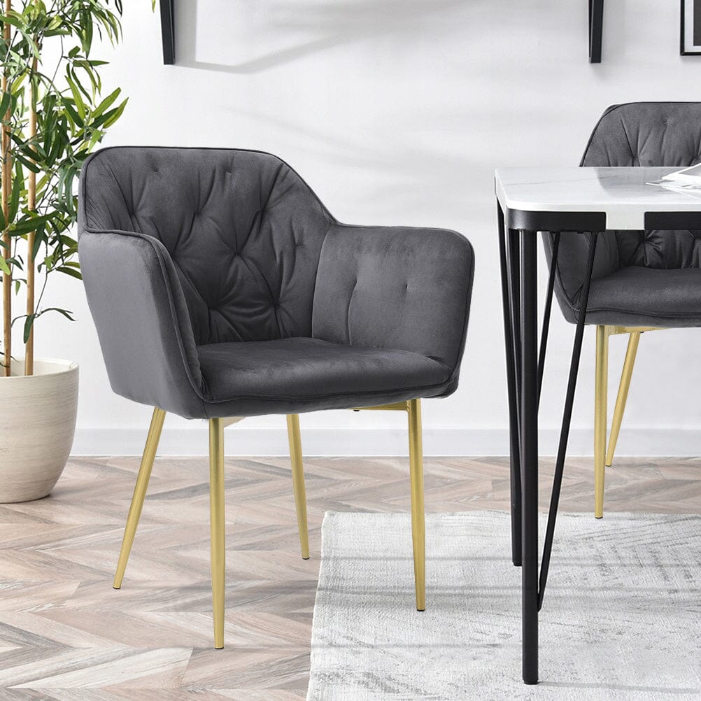 Stylish Gray Dining Chair with Gold Spray-Painted Legs and Velvet Upholstery