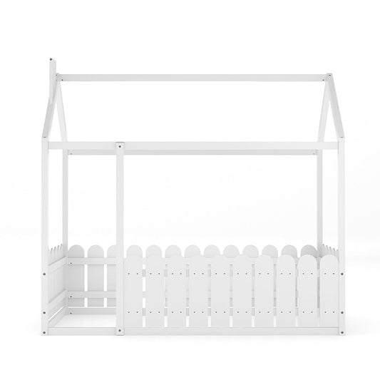 Solid Wooden House Bed Frame Low Toddler Bed with Fence and Roof