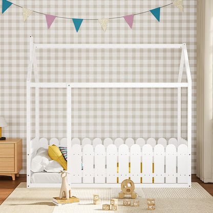 Solid Wooden House Bed Frame Low Toddler Bed with Fence and Roof