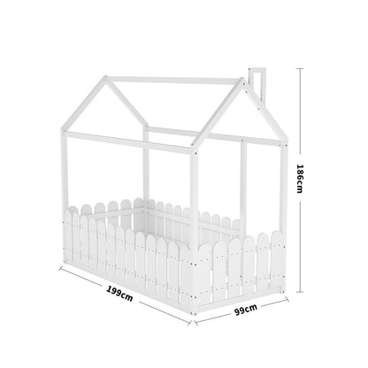 Solid Wooden House Bed Frame Low Toddler Bed with Fence and Roof