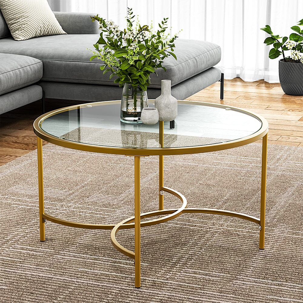 Round Coffee Table Glass Top Crossed C Base Centre Table