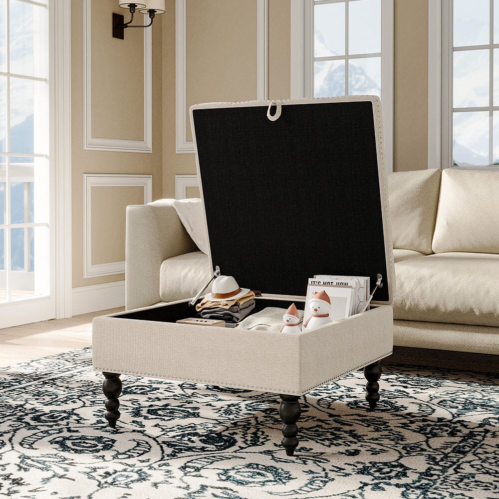 Square Linen Tufted Upholstered Ottoman with Storage