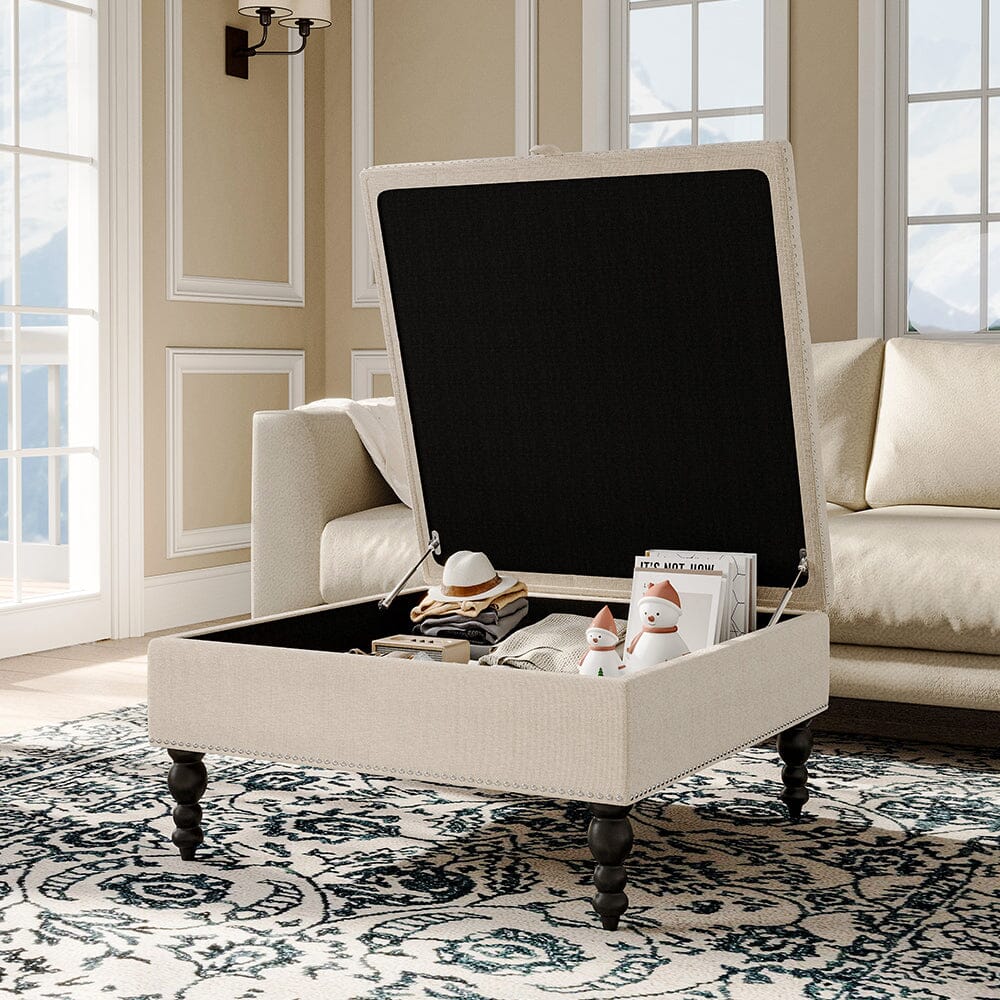 Square Linen Tufted Upholstered Ottoman with Storage