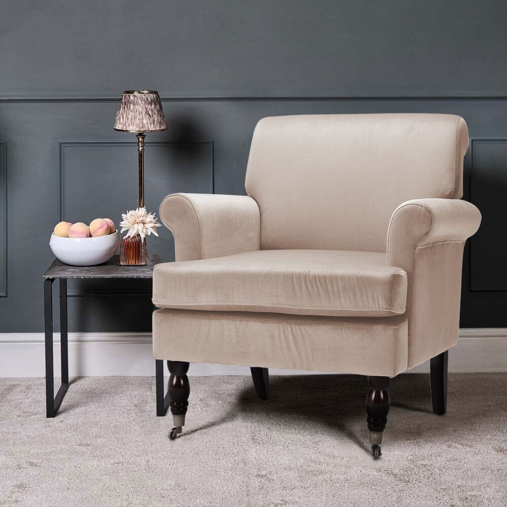 Contemporary Velvet upholstered Armchair with Casters