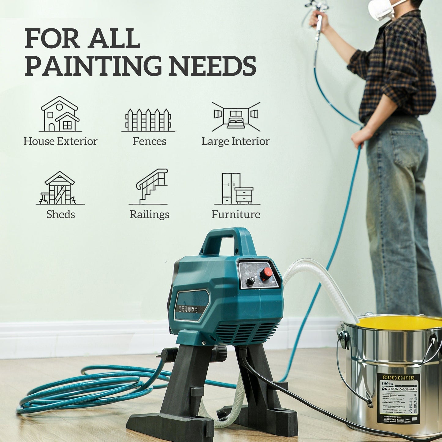 HOMCOM Airless Paint Sprayer, Thinning-Free, Electric Fence Paint Sprayer for Exterior and Interior DIY Painting Projects, Wall Spray Gun Machine, Household Use, 1.5L/min, 200 Bar, 7.5 m Hose