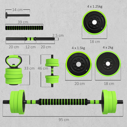 SPORTNOW 20kg Four-In-One Adjustable Weight Dumbbells Set, Barbell, Kettlebell, Push Up Stand - Green
