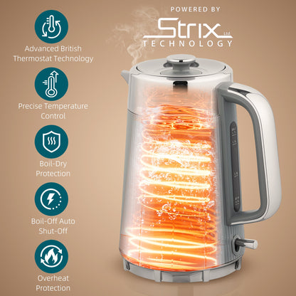 HOMCOM Electric Stainless Steel Kettle and Toaster Set, 3000W 1.7L UK Strix Thermostat Fast Boil Kettle w/ Limescale Filter, Cool Touch Body, 4 Slice Toaster with 7 Browning Levels, Crumb Tray, Grey