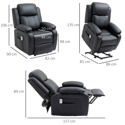 Fotel HOMCOM Riser and Recliner z masażem, fotel z elektryczną regulacją dla osób starszych z pilotem, przedłużonym podnóżkiem, dwiema kieszeniami bocznymi, fotel z elektryczną regulacją, wypchany, czarny