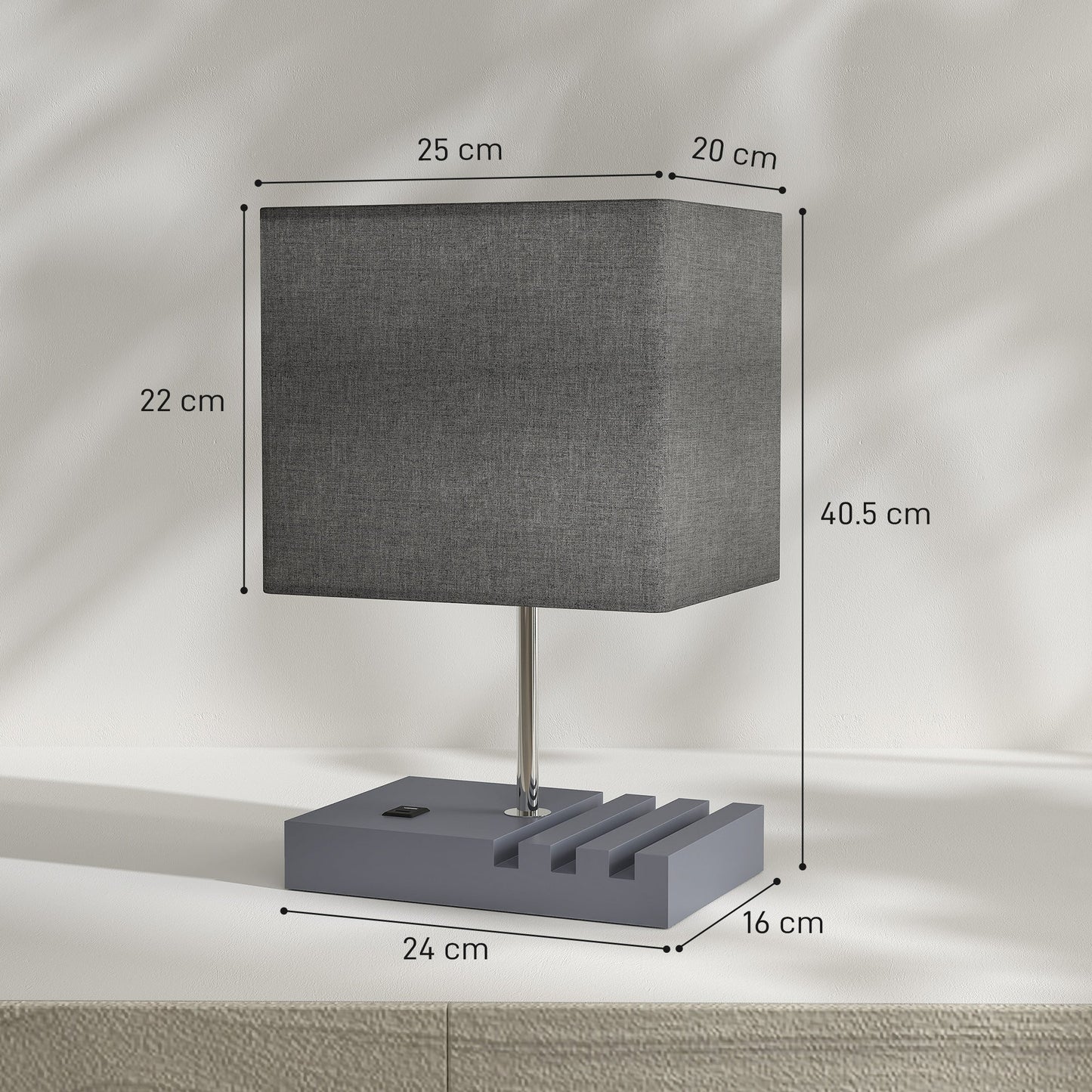 HOMCOM Bedside Lamp with USB A+C Charging Ports and 3 Phone Stands, Modern Table Lamp with Solid Wood Base and Fabric Shade for Bedroom Living Room Office, E27 Socket, Bulb Not Included, Grey