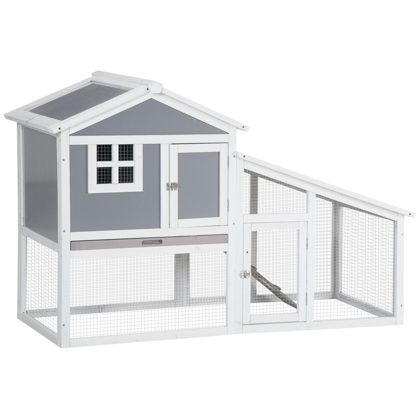 PawHut Two-Tier Rabbit Hutch, with Sunlight Panel Roof, Slide-Out Tray - Grey