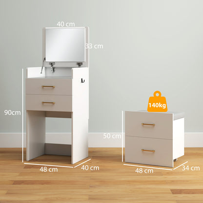 HOMCOM 3 in 1 Dressing Table with Flip-top Mirror and Rolling Stool, Modern Vanity Desk with Visible Glass Tabletop, Drawers and Side Hook, Makeup Table with Cushioned Storage Stool for Bedroom, White