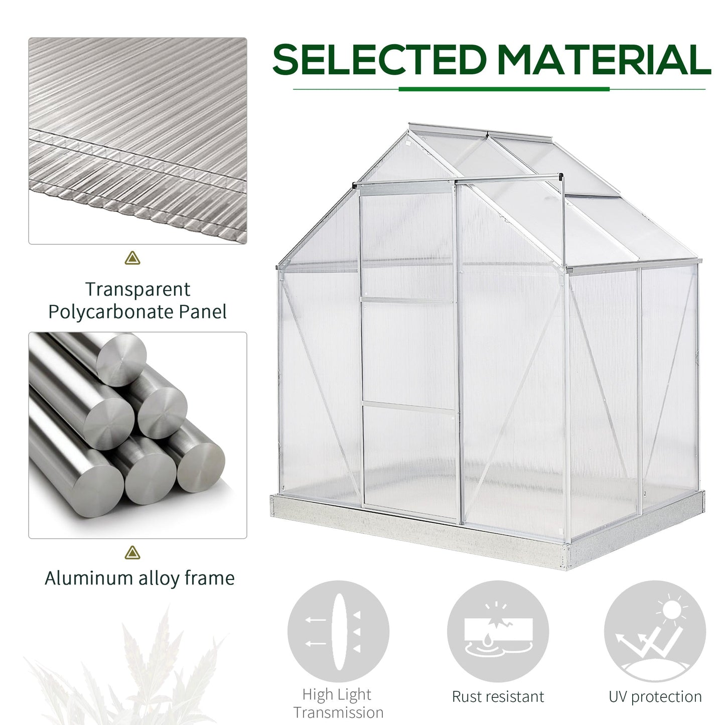 Outsunny 6 x 4 FT Walk-In Greenhouse Polycarbonate Panels Aluminium Frame w/ Sliding Door Adjustable Window 2.5_ Inner Area Plant Vegetable Flower Grow Green House Protection