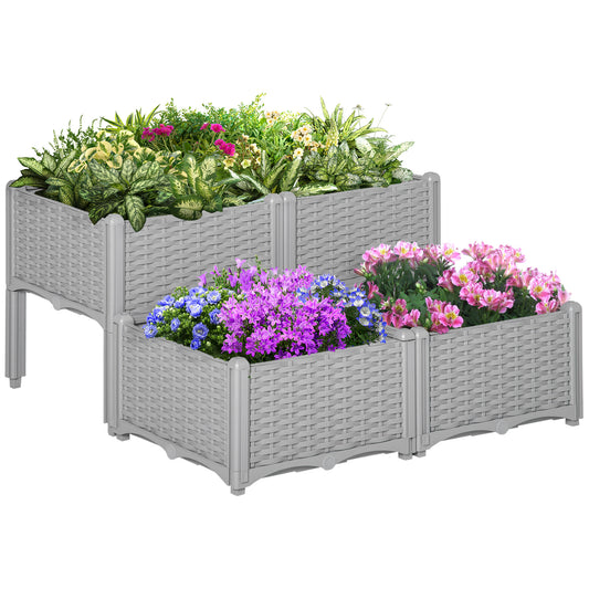 Outsunny Set of 4 26L Garden Raised Bed Elevated Patio Flower Plant Planter Box PP Vegetables Planting Container, Grey