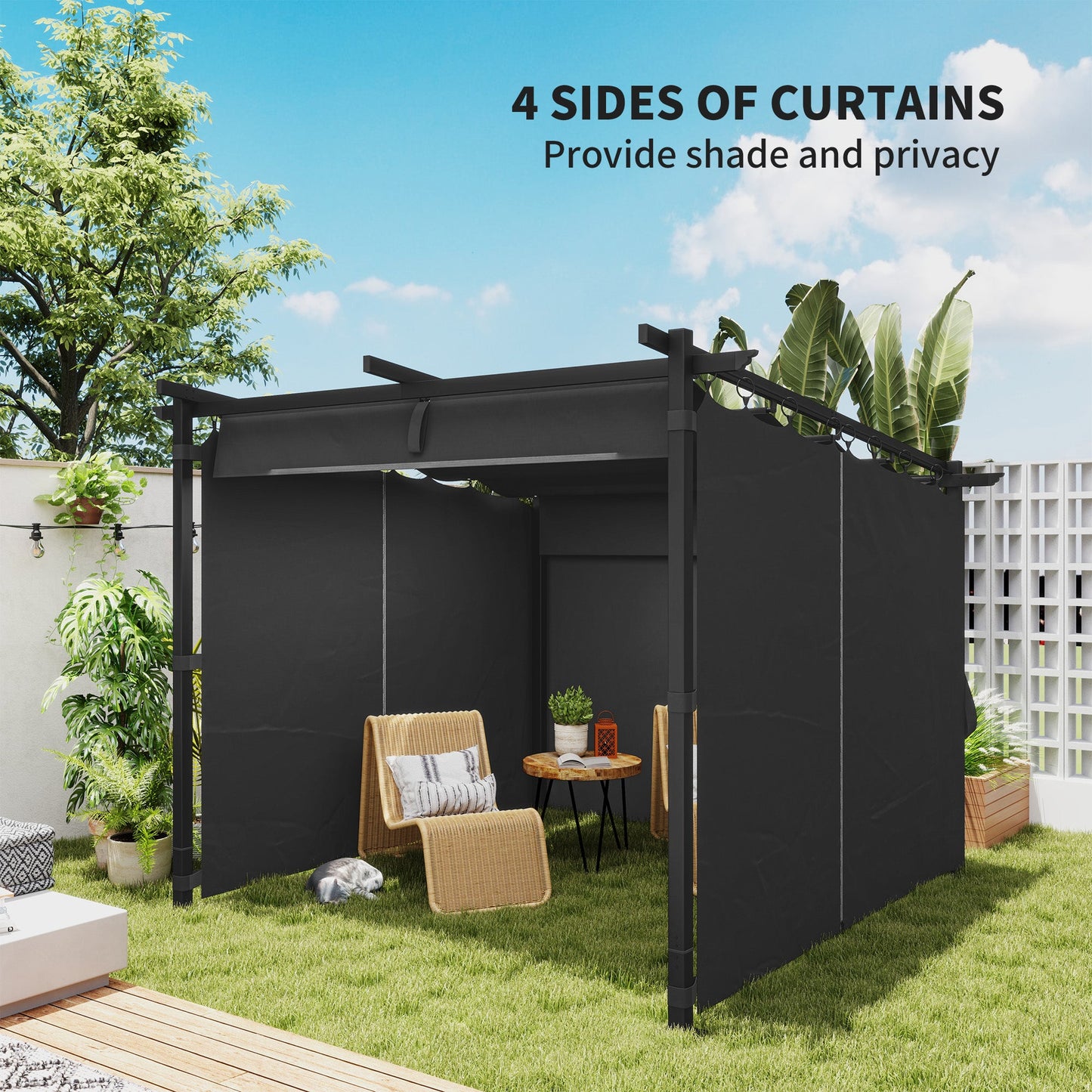 Outsunny 3 x 3 m Retractable Roof Pergola, with Curtains - Dark Grey