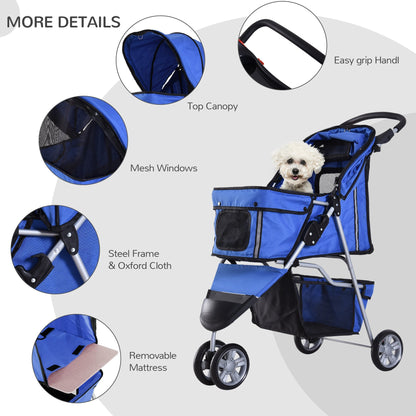 PawHut Dog Pram Pet Travel Stroller Dog Pushchair مع ثلاث عجلات - أزرق