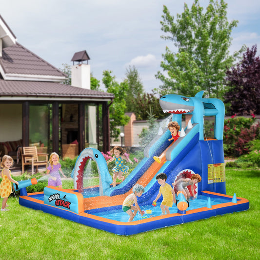 Outsunny 6 w 1 dmuchany zamek z motywem rekina, nadmuchiwany park wodny, ze zjeżdżalnią, basenem, trampoliną, dmuchawą, dla dzieci w wieku od 3 do 8 lat