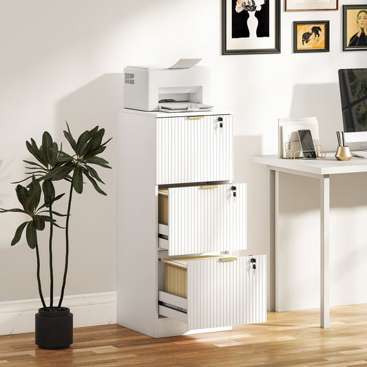 HOMCOM Filing Cabinet, Fluted Vertical File Cabinet with 3 Lockable Drawers and Hanging Rails, White