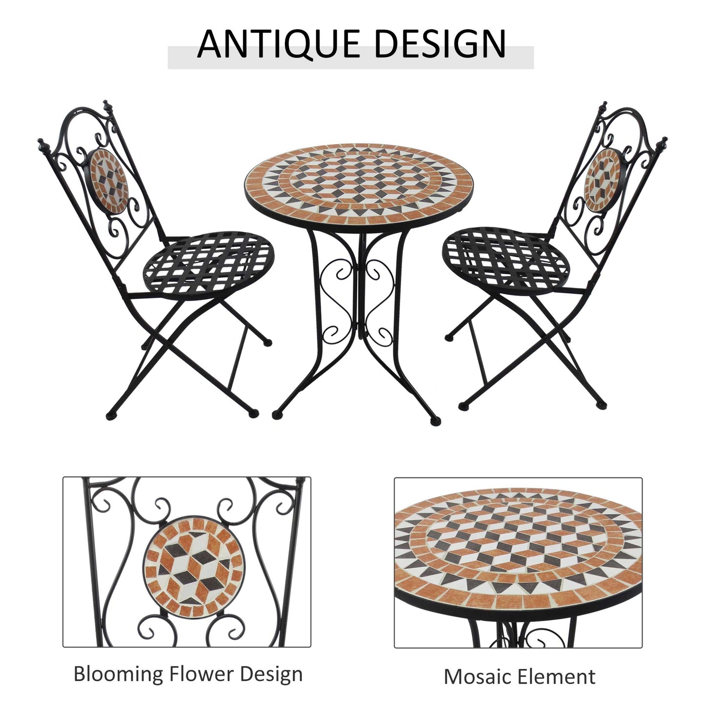 Outsunny 3 Piece Garden Mosaic Bistro Set Outdoor Patio 2 Folding Chairs & 1 Round Table  Outdoor Metal Furniture Vintage