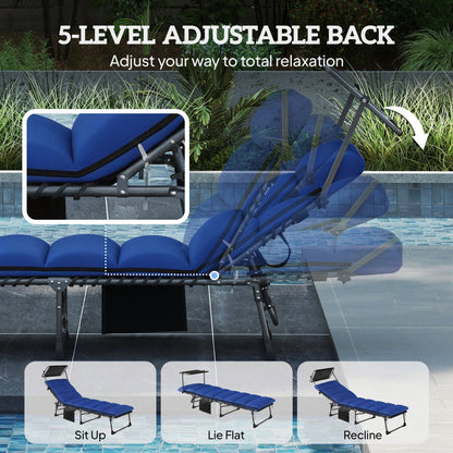 Outsunny Folding Sun Lounger with Canopy, Reclining Sunbed with Cushion, Side Pocket, Carrying Handle, Dark Blue