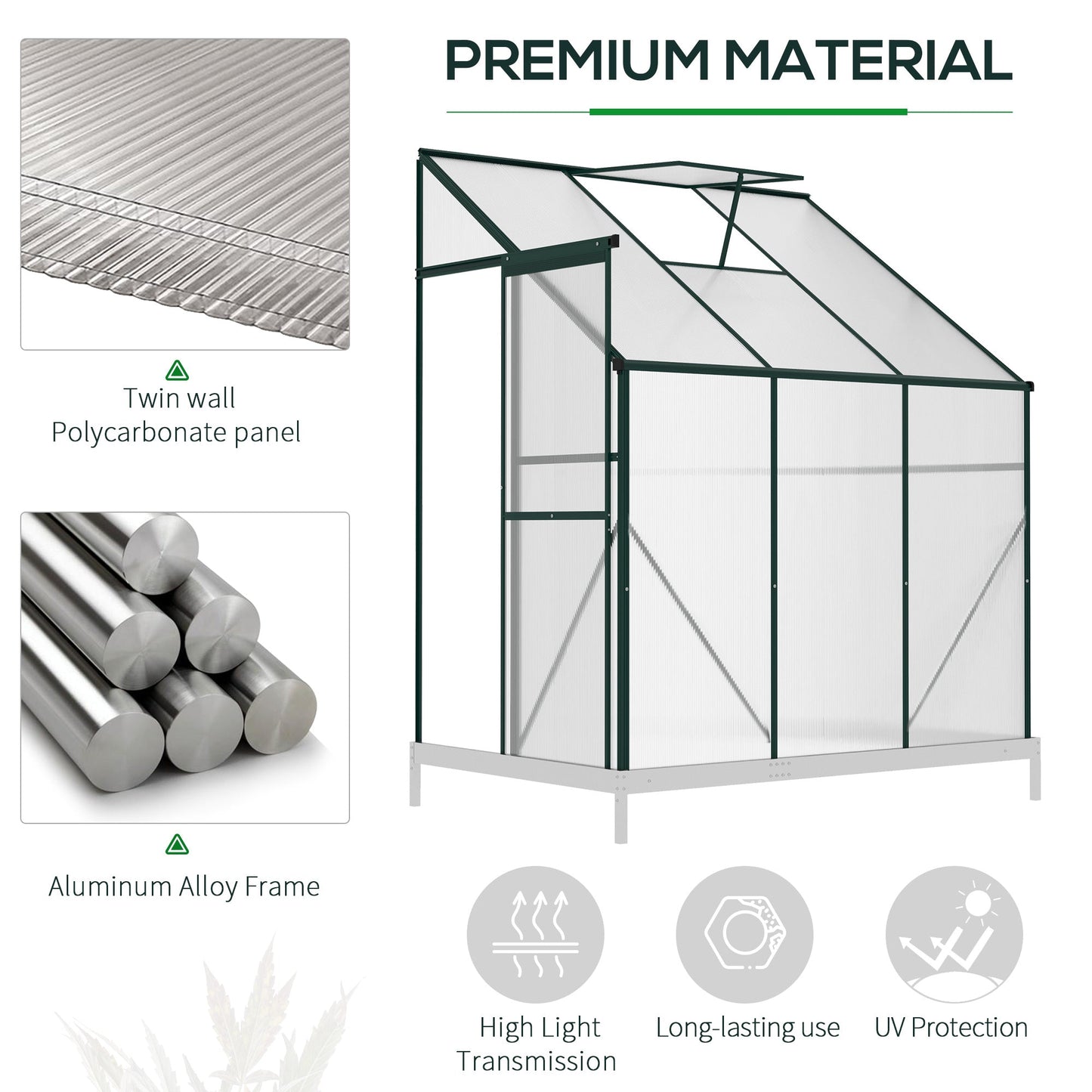 Outsunny 6 X 4ft Walk-In Lean to Greenhouse Garden Heavy Duty Aluminium Polycarbonate with Roof Vent for Plants Herbs Vegetables, Green