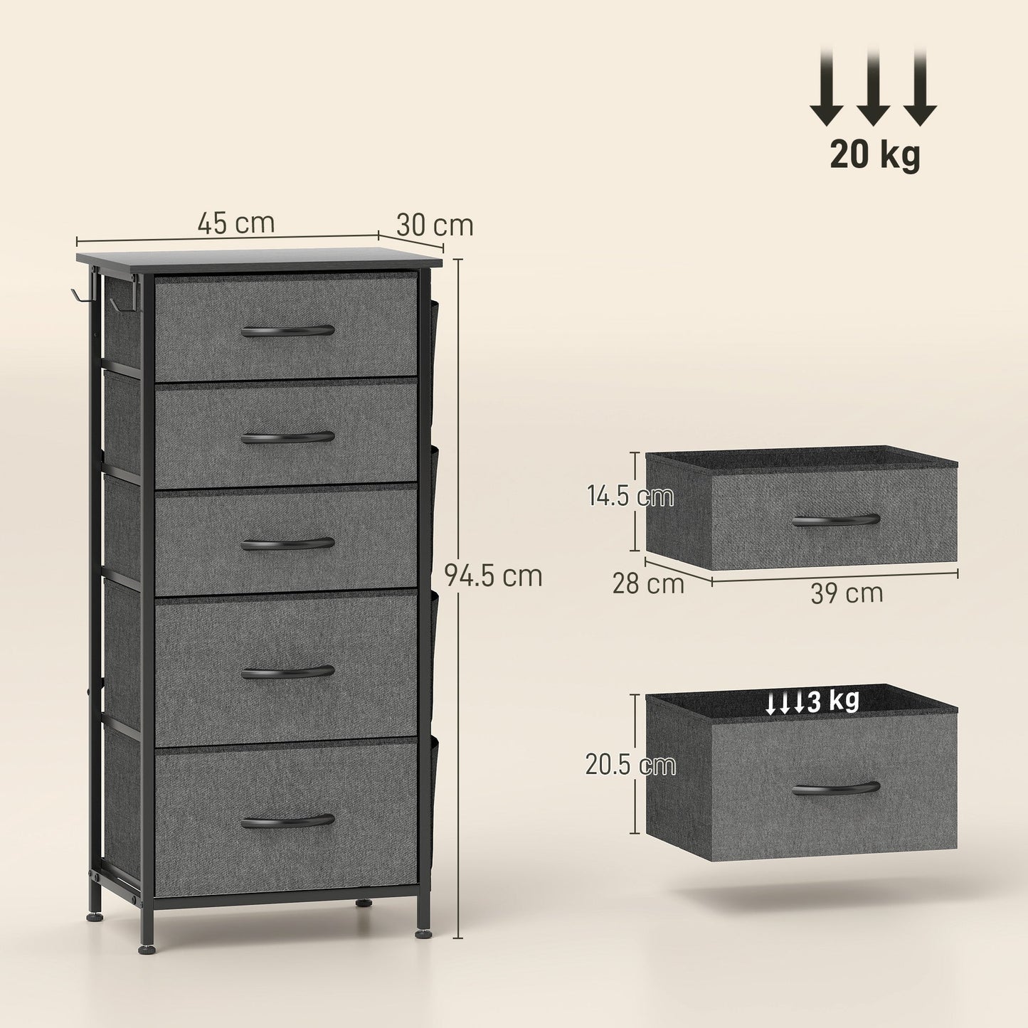 HOMCOM Chest of Five Fabric Drawers - Charcoal Grey