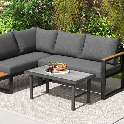 Outsunny Metal Garden Coffee Table, Outdoor Side Table with SPC Woodgrain Tabletop for Outside, Garden, Balcony, Porch, 100 x 53 x 46cm, Grey Wood Effect