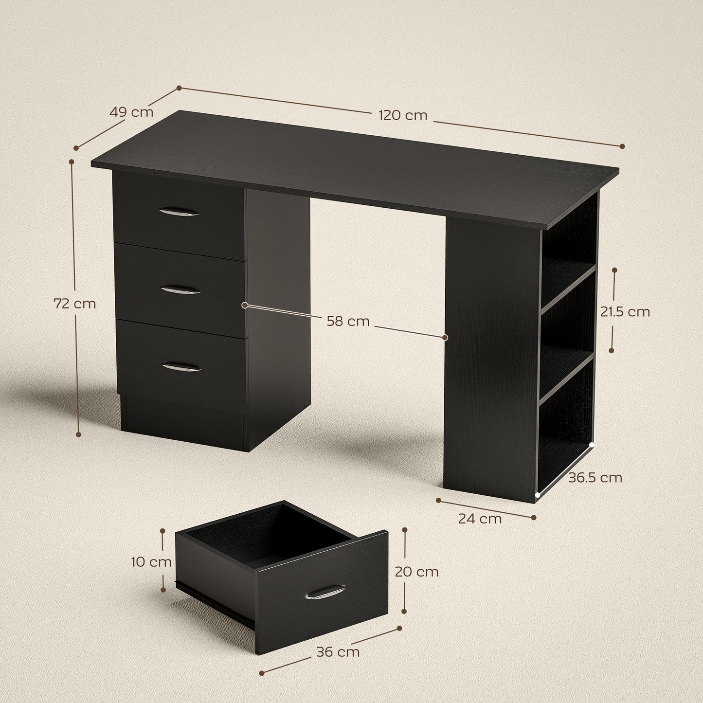 HOMCOM Computer Desk with Drawers, Home Office Desk, Writing Table, PC Workstation with 3 Storage Shelves for Working, Study, 120 x 49 x 72 cm, Black