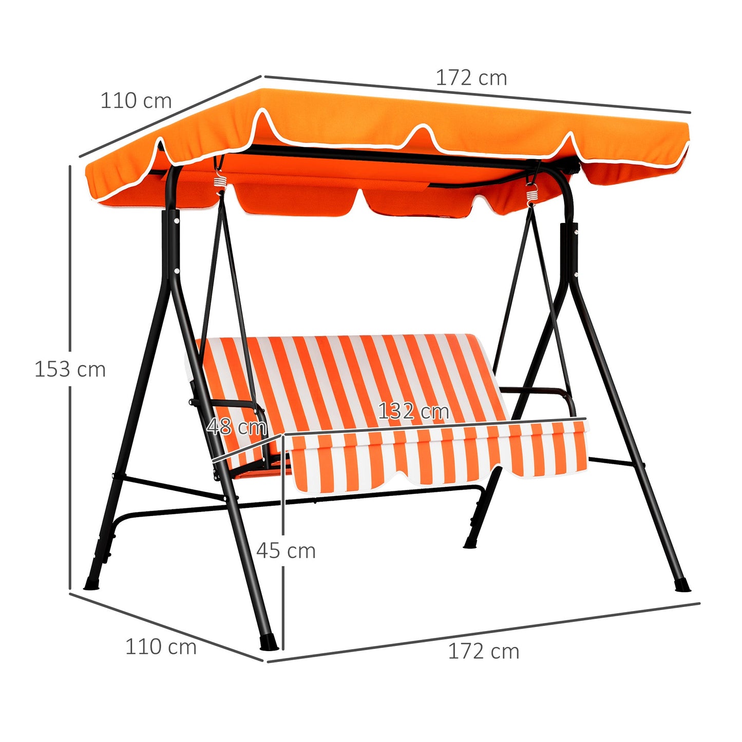 Outsunny 3 Seater Canopy Swing Chair Garden Rocking Bench Heavy Duty Patio Metal Seat w/ Top Roof - Orange