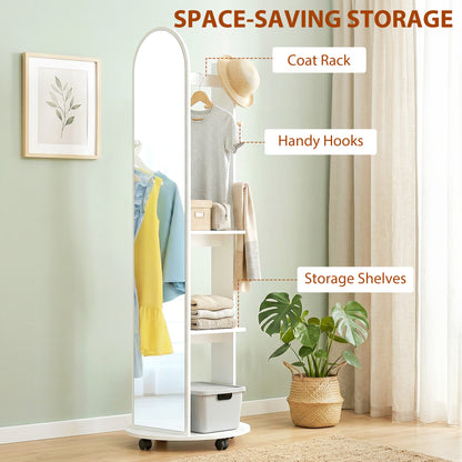 HOMCOM 2-in-1 Full Length Mirror with Storage Shelves, Floor Mirror with 4 Wheels, Coat Rack, Hooks, White
