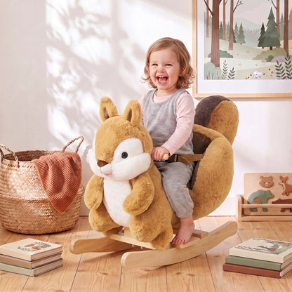AIYAPLAY Rocking Horse, Stable Plush Ride on Horse Squirrel Design with Animal Sounds, Security Belt for Toddlers 1-3 Y, Brown